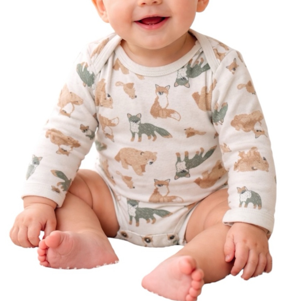 Carter’s beige forest creature fox bear long sleeve snap closure bodysuit 9M